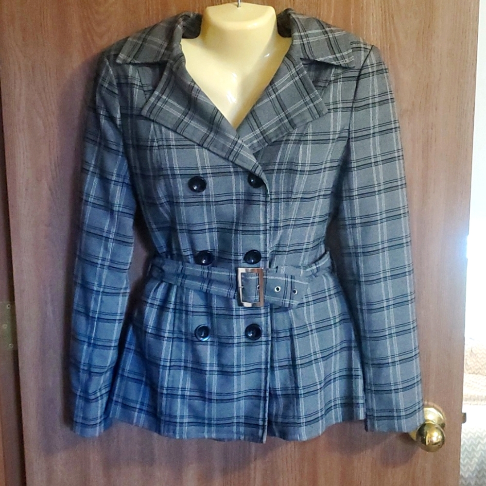 Rampage Gray Plaid Belted Double Breasted Jacket